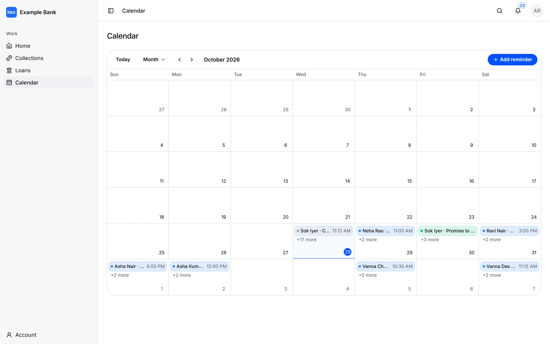 The keo month calendar with reminders and promises to pay placed on their due days